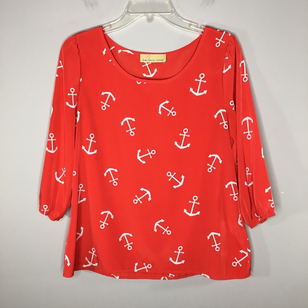 How Very Loved Anchor Print Red & White Blouse S